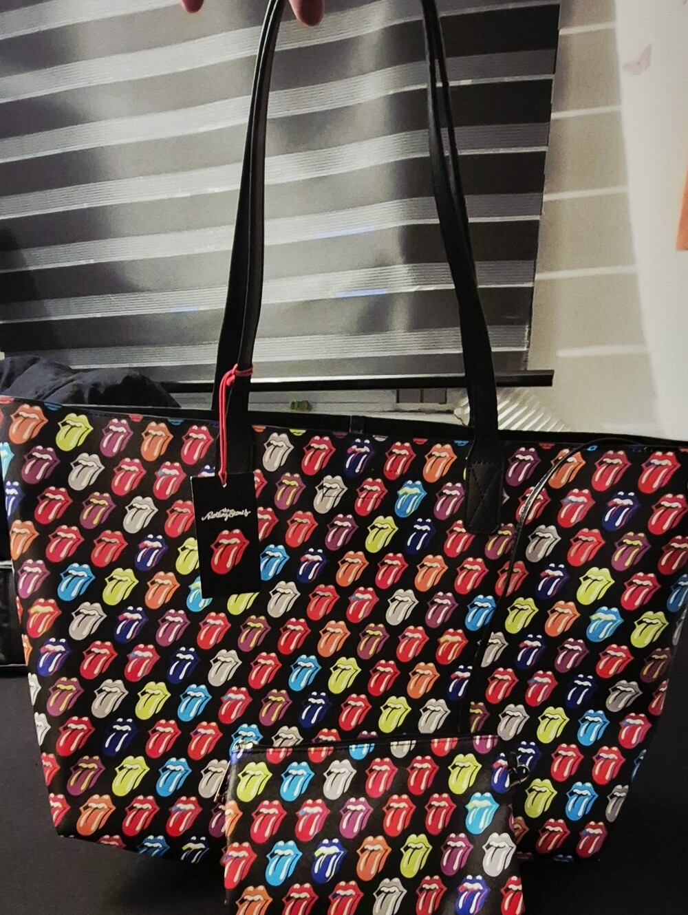 The Rolling Stones Tote Bag with Matching Pouch - Black Straps & Rainbow